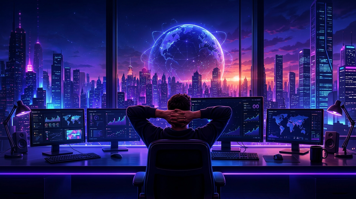 Studio analyst in a premium gaming chair viewed from behind facing analytics monitors with a glowing holographic globe over a neon cyberpunk skyline