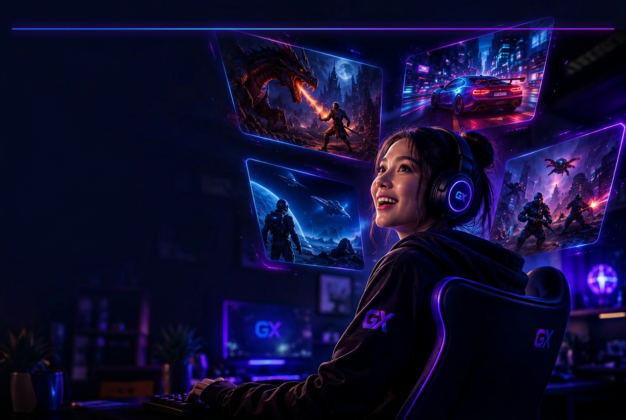 Gamer wearing GX headphones surrounded by floating game screens